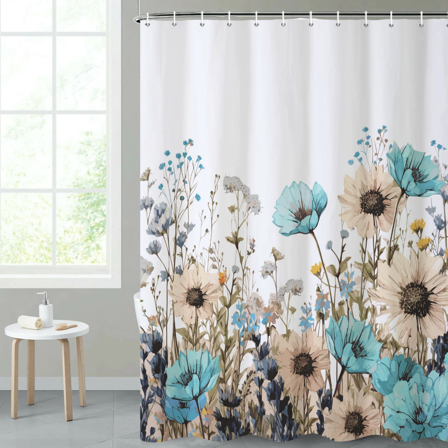 SUNOLIFE Spring Floral Shower Curtain,Teal Flowers Waterproof Polyster Bathroom Curtain, 60x72 in