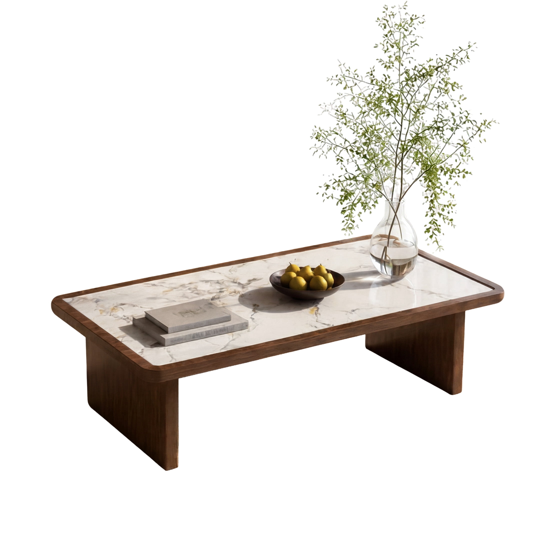 Noble House Ordis 47" Rectangular Sintered Stone Coffee Table with Wood Veneer Frame & Wide Panel Legs, White & Walnut