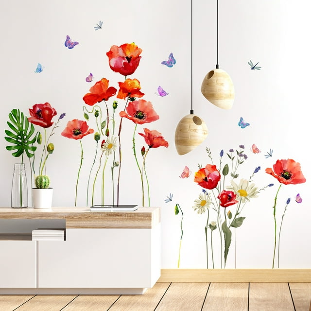 Calcomanías de pared coloridas, pegatinas de vinilo con flores y mariposas, murales de pared florales extraíbles, Arte de la pared Decoración de flores, Peel and Stick