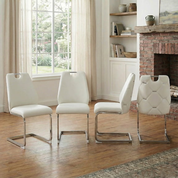 Dining Chairs Set of 4, White Faux Leather Kitchen Chairs with Gold Mesh Texture, Silver Back Ring and Chrome Pull Handle, High Back Upholstered Dining Room Chair