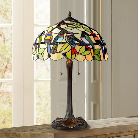 - Robert Louis Tiffany Traditional Table Lamp Bronze Tropical Birds Stained Glass Shade for Living Room Family Bedroom Nightstand