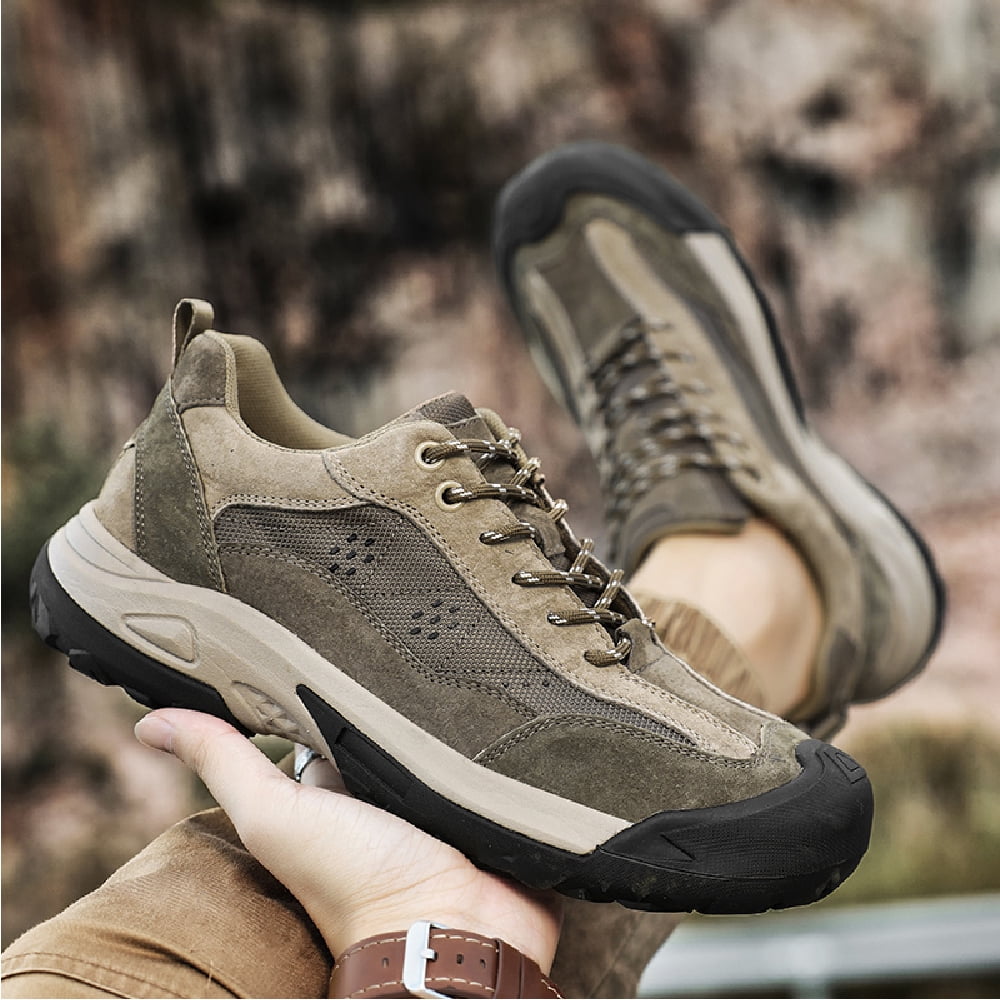 Mens Leather Outdoor Hiking Shoes Casual Breathable Sneakers Non-slip Wearable Work Shoes Comfortable Driving Shoes Brown 9 UK