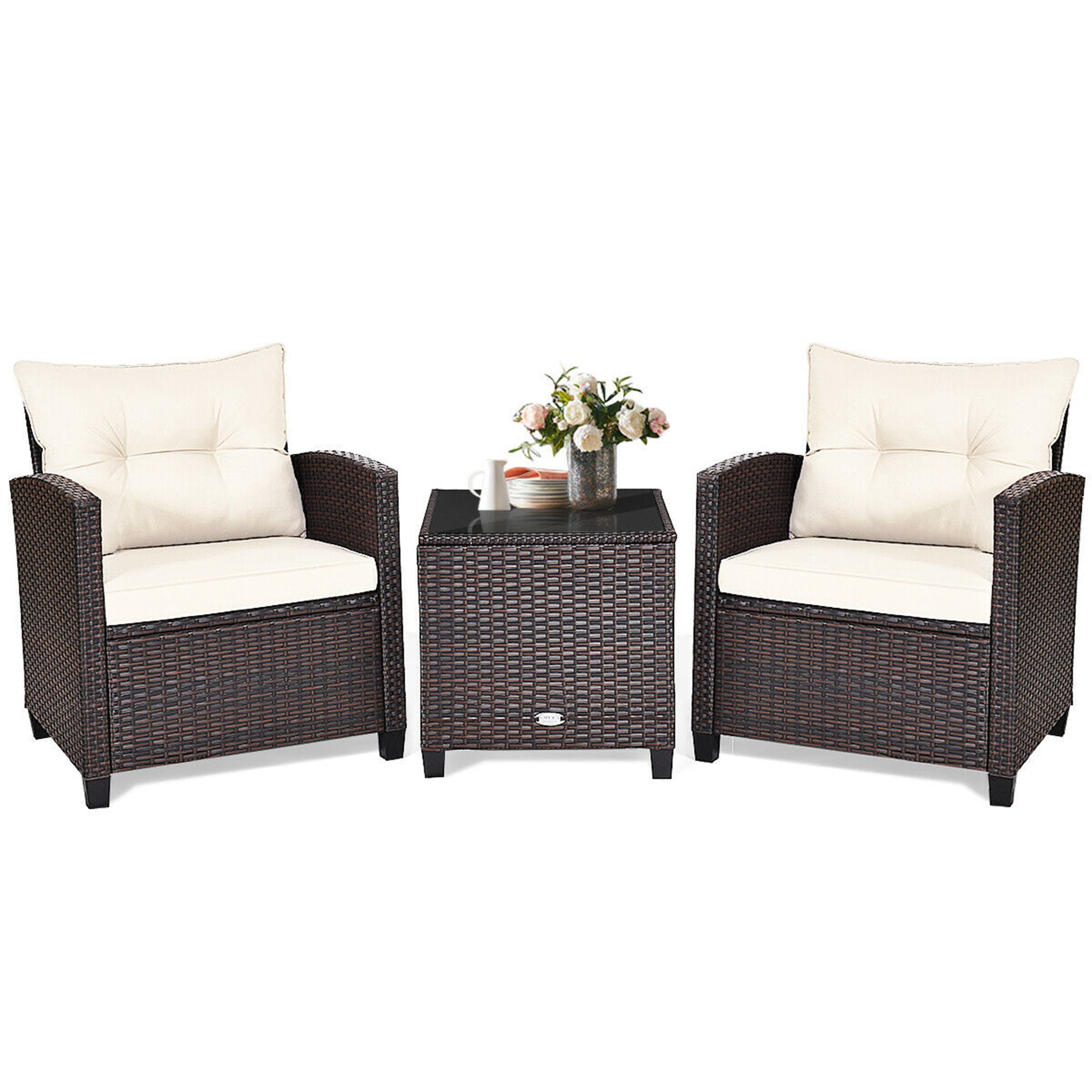 Gymax 3PCS Outdoor Patio Rattan Conversation Set Garden Yard w/ Off White Cushions