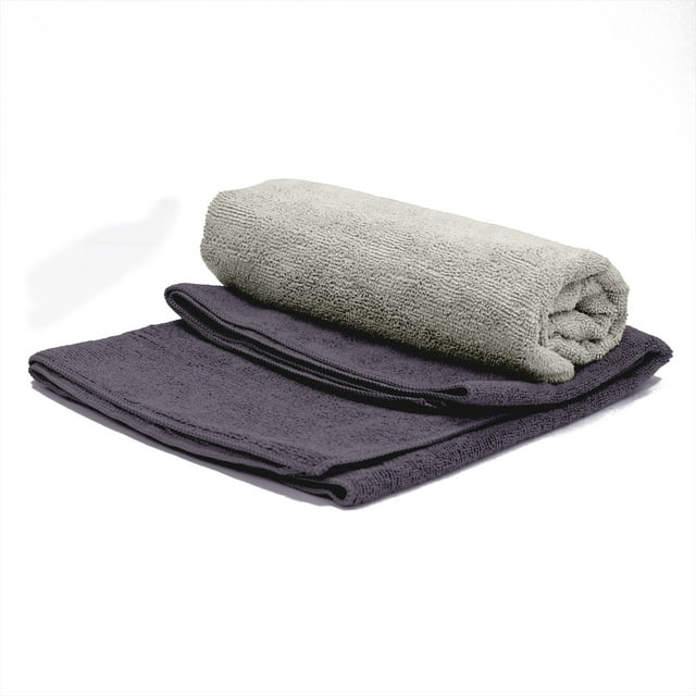 PurAthletics 2-pack fitness towels with one light gray towel rolled and one dark gray towel folded on a white background.