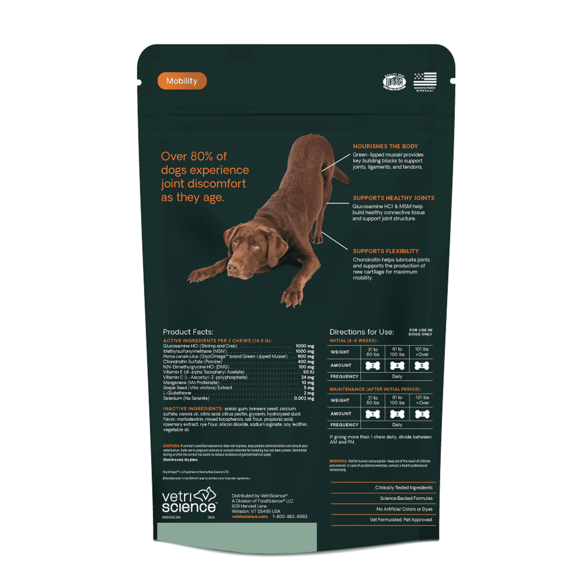 VetriScience Ultimate Strength Healthy Hip & Joint Glucosamine Supplement Chew for Dogs, Duck, 30 Count Bag