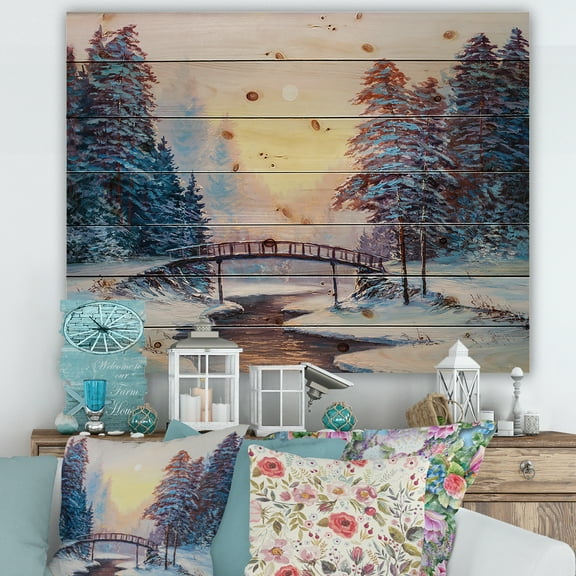 Designart 'Snow Covered Landscape and Little Bridge' Traditional Print on Natural Pine Wood