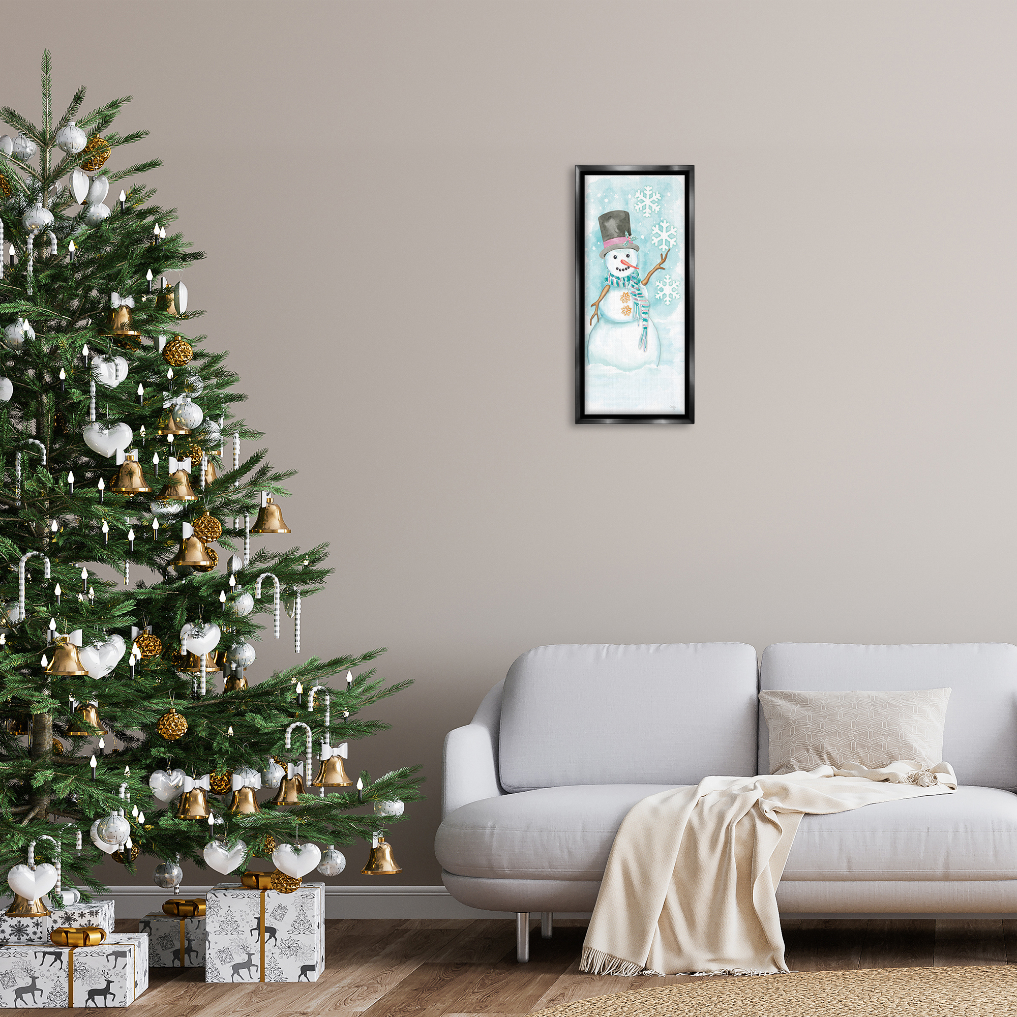 Stupell Industries Waving Snowman Greeting Holiday Painting Black Floater Framed Art Print Wall Art, 11 x 25