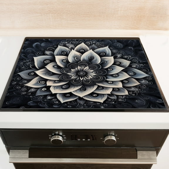 Silicone Stove Mat for Glass Top Stove, Black And White Flower With Radial Petals Electric Stove Cover Mat, 28 x 20 Inch Heat - Resistant Gas Gtove Burner Covers Glass Stove Top Protector