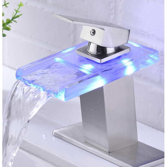 Brushed Nickel Bathroom Sink Faucet LED Waterfall Vanity Mixer Faucet with Cover