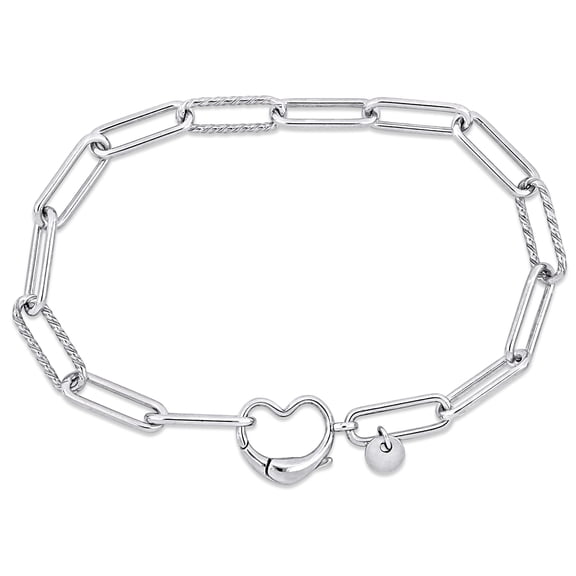 Everly Women's Fancy-Cut Sterling Silver Paper Clip Link Chain Heart Charm Bracelet