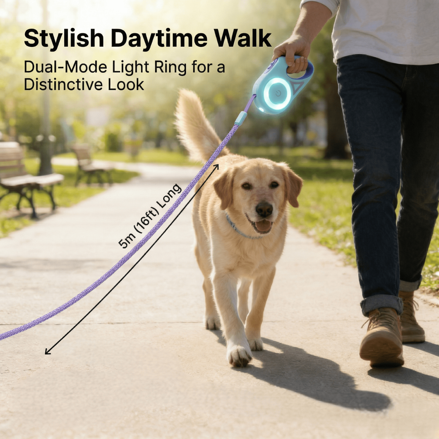 Retractable Dog Leash LED, Durable 5M Rope with LED Safety Light for Night Walks, Illuminated pet leash
