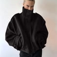 thumbnail image 6 of Women Cropped Trench Coat Zip Up Funnel Neck Short Jacket Oversized Wool Coats Fall Winter Casual Outfits Black S, 6 of 7