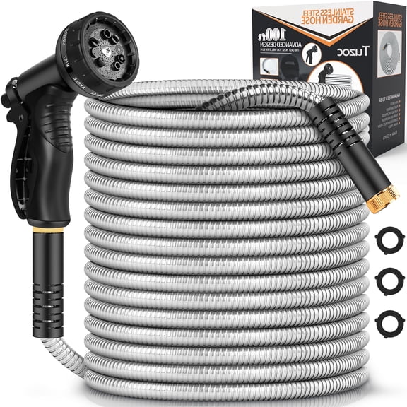 Garden Hose Metal 100FT, Stainless Steel Heavy Duty Water Hose with 10 Function Nozzle, No-Kink, Tough & Flexible, Sturdy and Lightweight