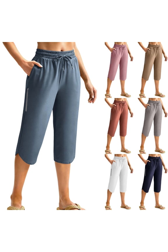 Womens Running Jogging Hiking Capri Pants with Zipper Pockets Lightweight Quick Dry Below The Knee Capris,Navy,Women's S-XXXL