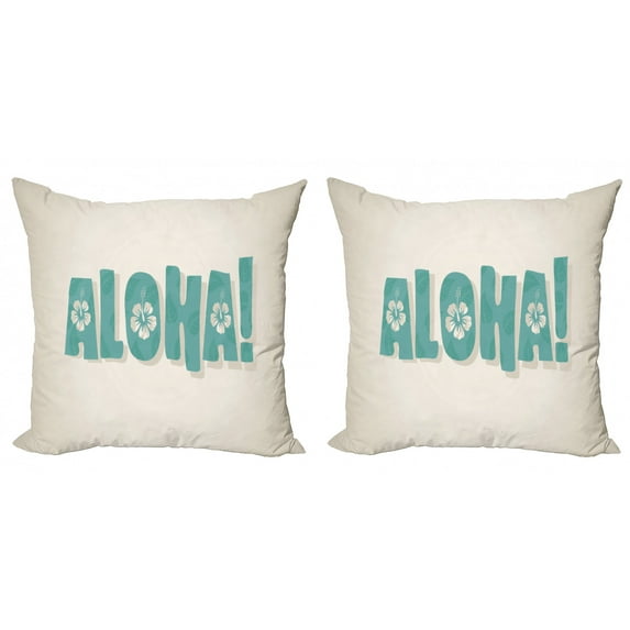 Aloha Throw Pillow Cushion Cover Pack of 2, Bubbly Calligraphy with Flower Motifs on a Plain Background Tropical, Zippered Double-Side Digital Print, 4 Sizes, Eggshell and Pale Teal, by Ambesonne