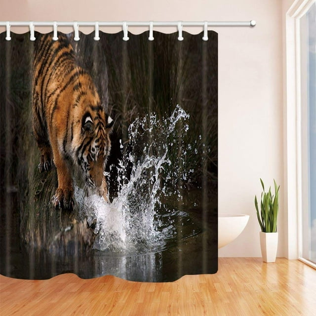 ABPHQTO Cortina de baño de tela de poliéster con diseño de tigre jugando al agua en el bosque, cortina de ducha de baño 160x180 cm