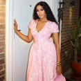 thumbnail image 4 of Women's Floral Print V-Neck & Lace-up Decoration Short Puff Sleeve Pleated A-Line Long Dress, 4 of 22