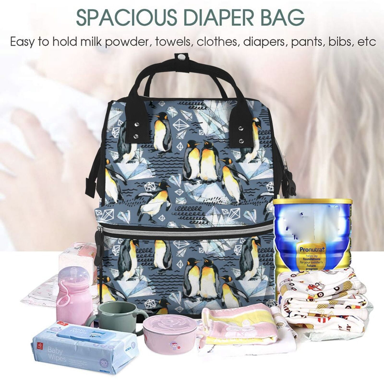 Ratiio Penguin Arctic Adventure Mummy Backpack - Waterproof Twill Canvas, Large Capacity Diaper Bag with Multiple Pockets and Adjustable Straps