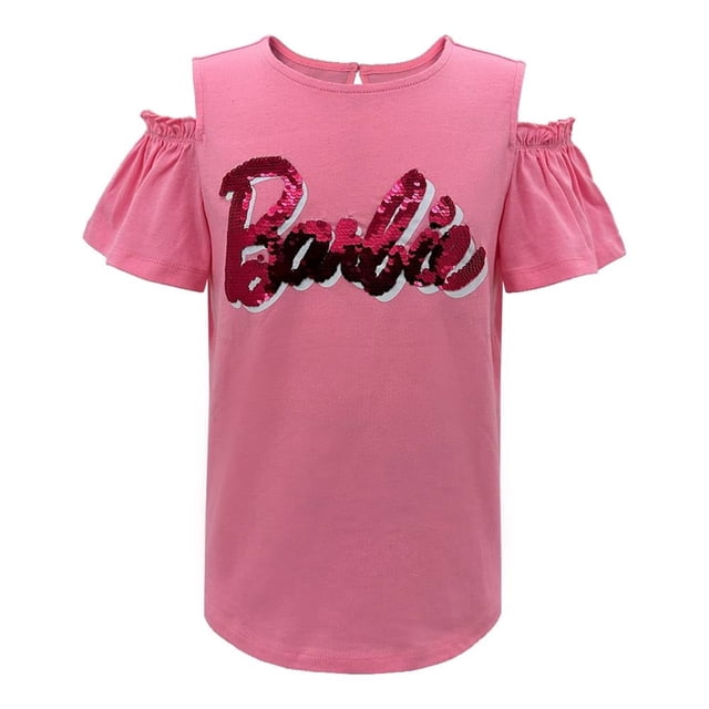 Playera Barbie Talla 6 Hombro Abierto Manga Corta Lentejuela Reversible Plata con Rosa