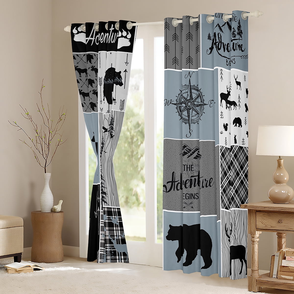 Cabin Rustic Lodge Curtains, Bear Deer Vintage Blackout Curtains Country Farmhouse Patchwork Curtains & Drapes Woodland Geometric Plaid Patchwork Window Curtains 42"Wx63"L 2 Panels, Grey Black