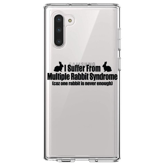 DistinctInk Clear Shockproof Hybrid Case for Samsung Galaxy Note 10 (6.3" Screen) - TPU Bumper Acrylic Back Tempered Glass Screen Protector - I Suffer From Multiple Rabbit Syndrome