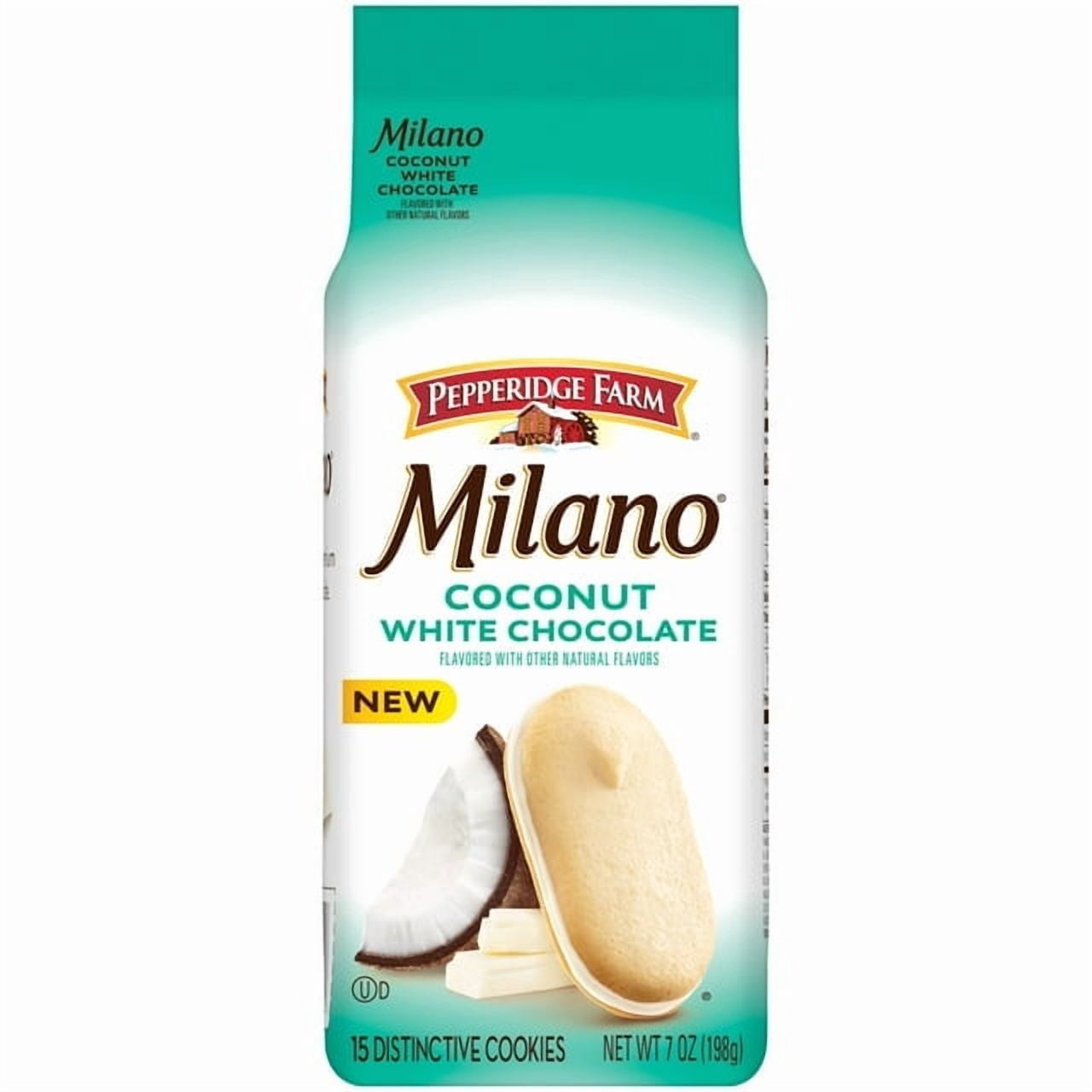 4Pack of Pepperidge Farm Milano White Chocolate Coconut Cookies, 7 oz – Crisp Sandwich Cookies with Tropical Flavor, With Olive Green Bowl  By ValueNest