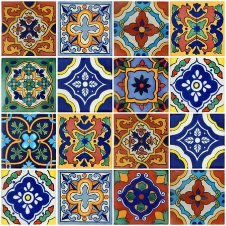 Color y Tradicion 4x4 Handpainted Talavera Tiles – 100 pack – 10 Different Mexican Design