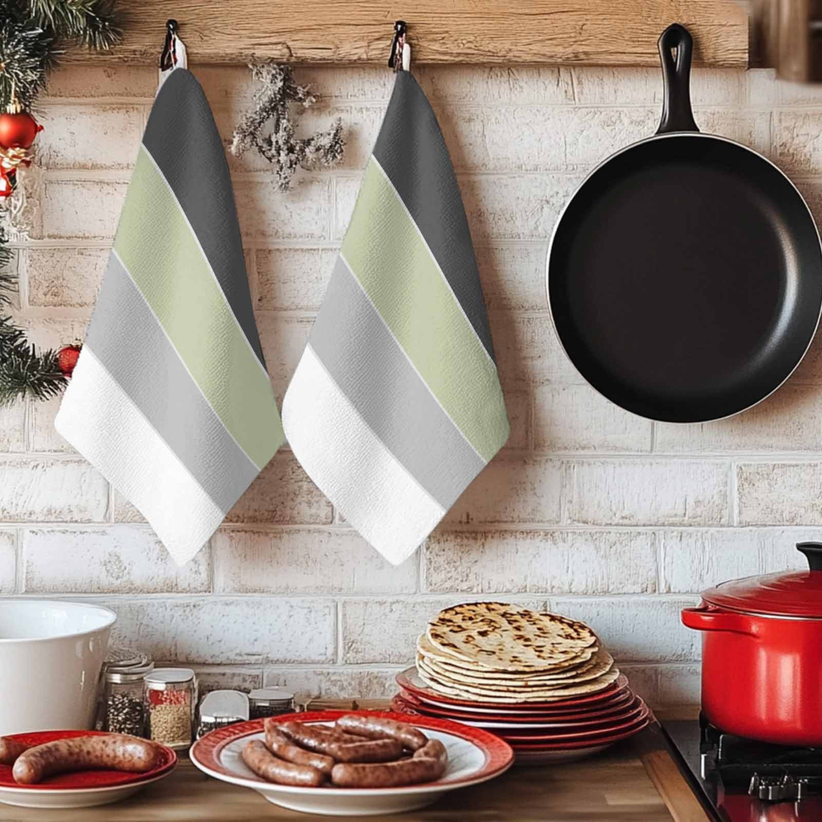 Grey Green Striped Kitchen Towels Set of 2, Farmhouse Modern Soft Microfiber Dish Towels, Absorbent Quick-Dry Washable Dishcloths for Kitchen Cleaning, Drying Dishes, 18x28 Inches