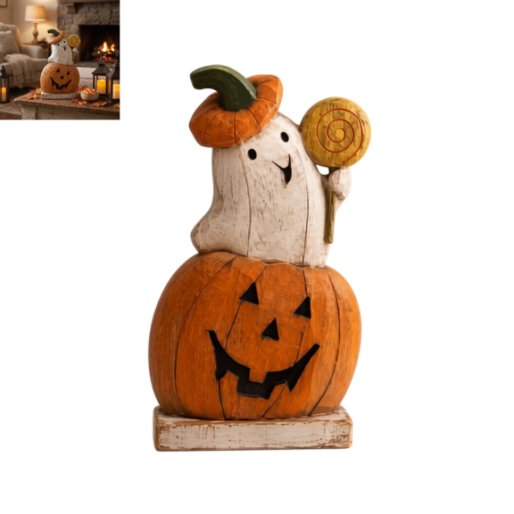 Vintage Wooden Halloween Craft Figurine, Friendly Ghost and Pumpkin Decor, Solid Wood Seasonal Statue, Holiday Ornament for Halloween Decorations Indoor & Party Display