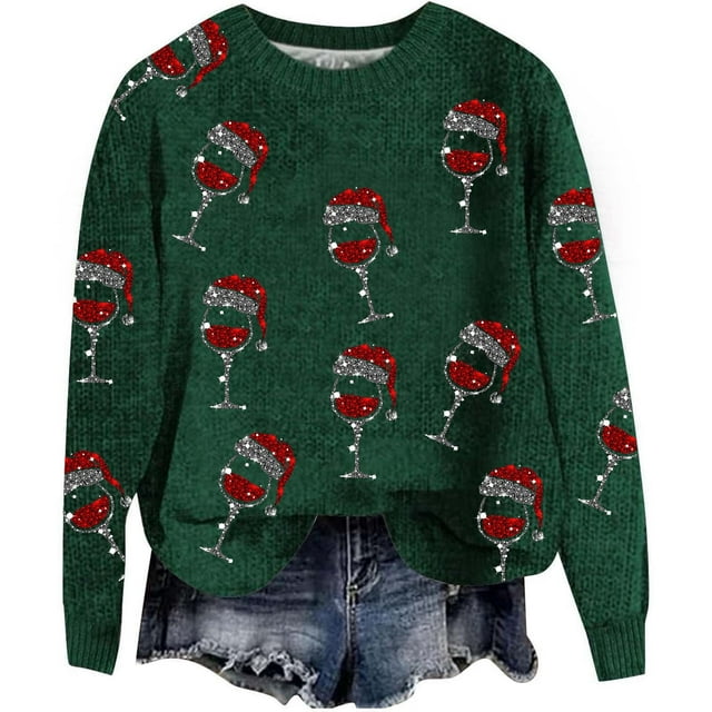 WEAIXIMIUNG Chandails Courts pour Femmes Automne/hiver Mode Chandail d'Extérieur Col Rond Imprimé de Noël Tricot Grossier Chandail à Enfiler Chandail à Capuchon Haut