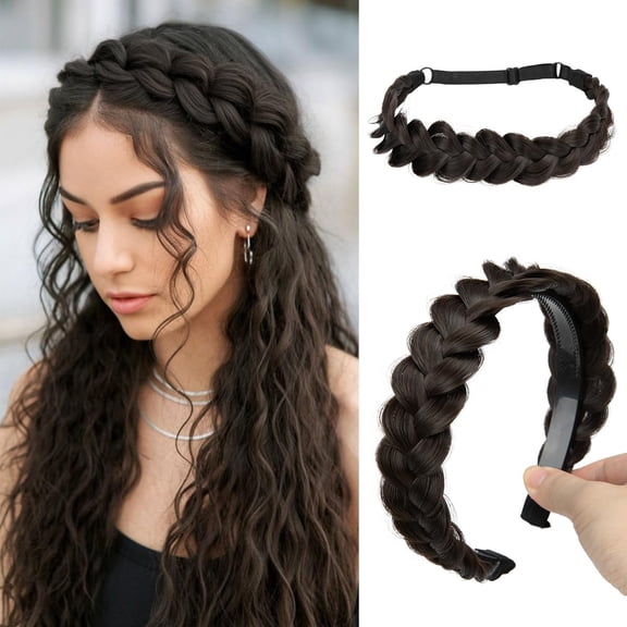 BZCOE 2Pcs Braided Headbands Hair Piece for Women Synthetic Hair Hoops Head Bands Handmade Braid Hairband Accessories Elastic Stretch Headwrap Y2K Accessories Dark Brown