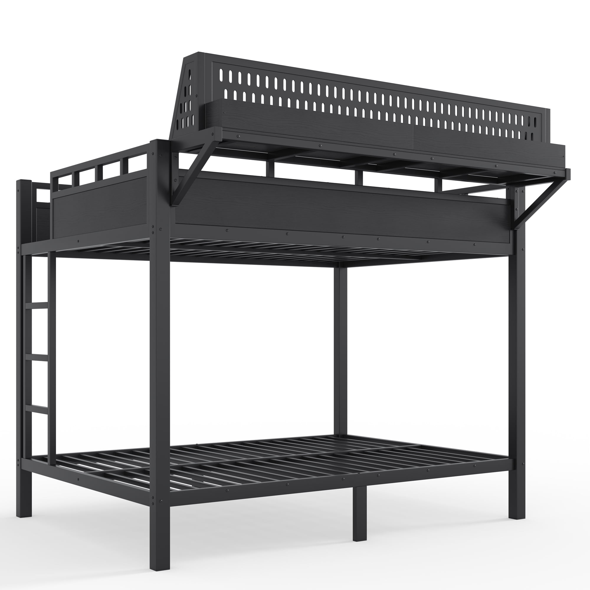Leumius Full over Full Size Bunk Bed with Storage Shelves and Pegboard,Heavy Duty Metal Bunk Bed with USB Ports and LED Lights,Space-Saving,Black