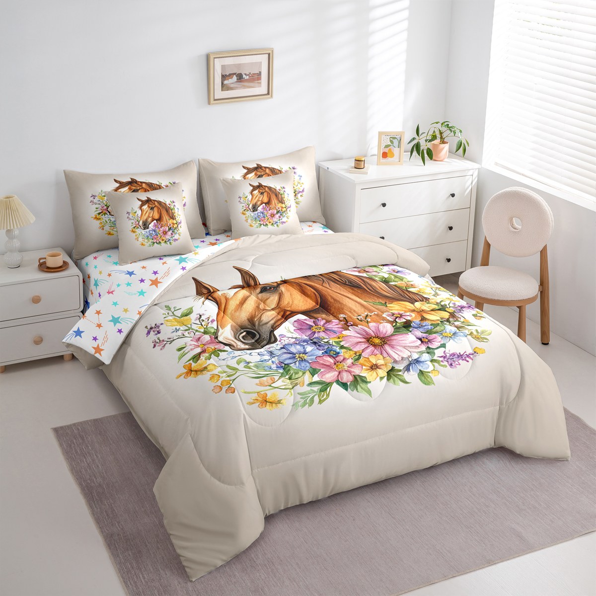 jejeloiu Farm Animal Horse Twin Bedding Sets 7-Piece,Colorful Rustic Flower Bedding Comforter Set,Western Farmhouse Sheet Sets For Teens,Luxury Bedroom Decor Reversible