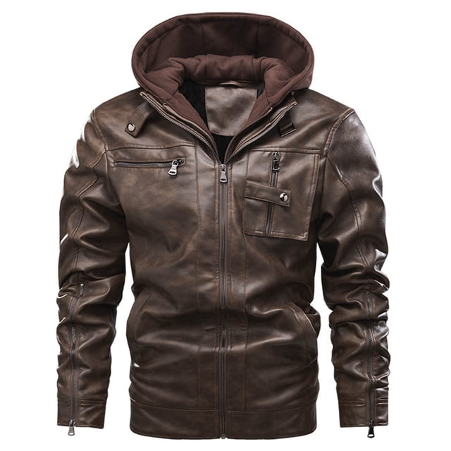 Rollbacks Men's Multi-pocket Large Size Leather Jacket Clip Cotton Jacket With Long Zipper Cuffs Detachable Hooded Jacket Coffee XXL