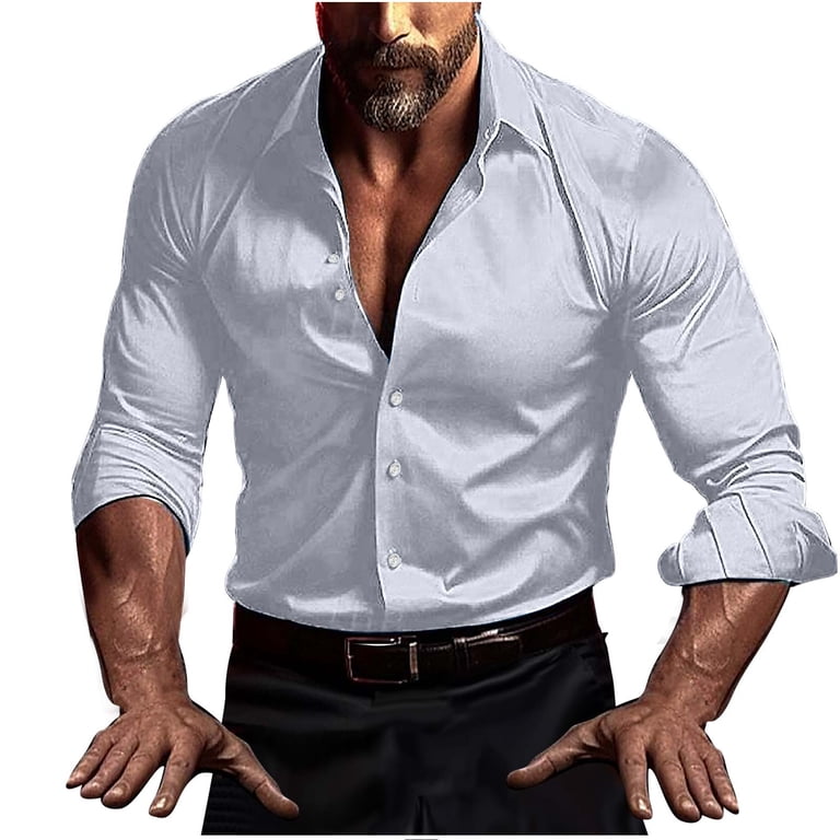 Ohmzyzo Men's Shiny Silk Satin Shirts Long Sleeve Button Down Dress Shirt Casual Slim Fit Muscle Formal Party Prom Wedding Shirts Silver 5XL Ohmzyzo Men's Shiny Silk Satin Shirts Long Sleeve Button Down Dress Shirt Casual Slim Fit Muscle Formal Party Prom Wedding Shirts Silver 5XL