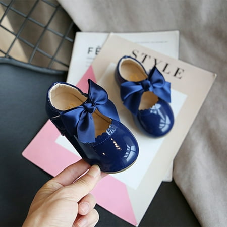 

Bow Solid Color Leather Shoes Baby Girls Shiny Wedding Party Patent Flat Shoes Dark Blue 29