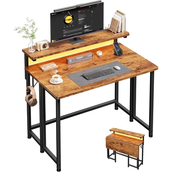 HZAT Folding Desk for Small Space,Foldable Computer Desk with Monitor Stand,31.5 Inch Small Desk with LED Lights for Bedroom Home Office,Writing Work Office Computer Desk with Hooks,Rustic Brown