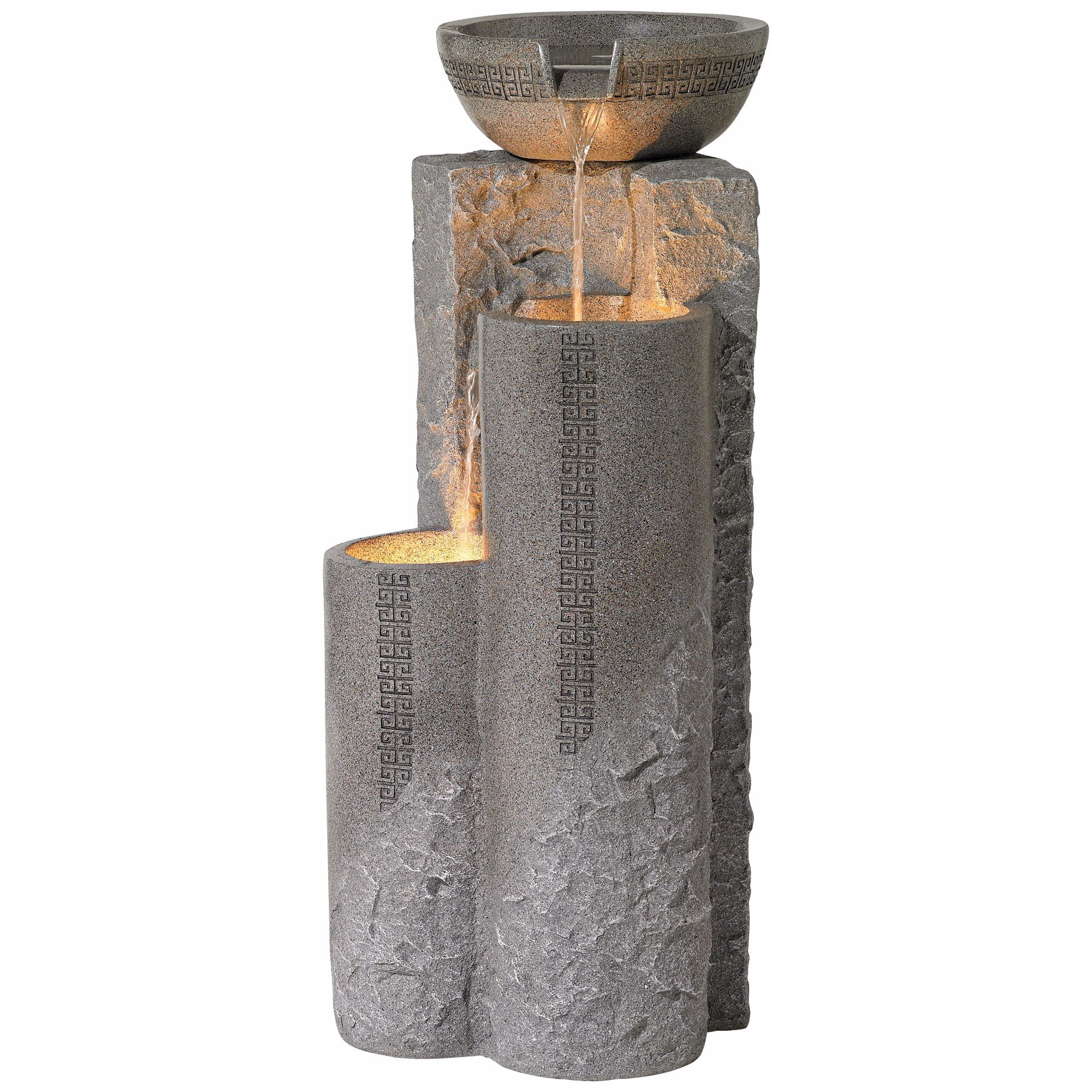 Bowl and Pillar 34 1/2" High Large Modern Zen Outdoor Decor Faux Stone Floor Fountain with Light LED Outside
