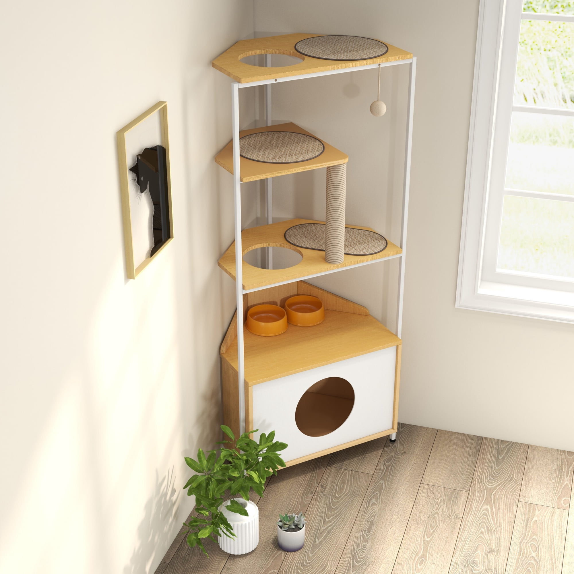 AENKYO 58.27 inch Indoor 5-level Cat Tree with Cat Nest and 2 Bowls, Cat Tower with Sisal Scratching Post, Light Oak