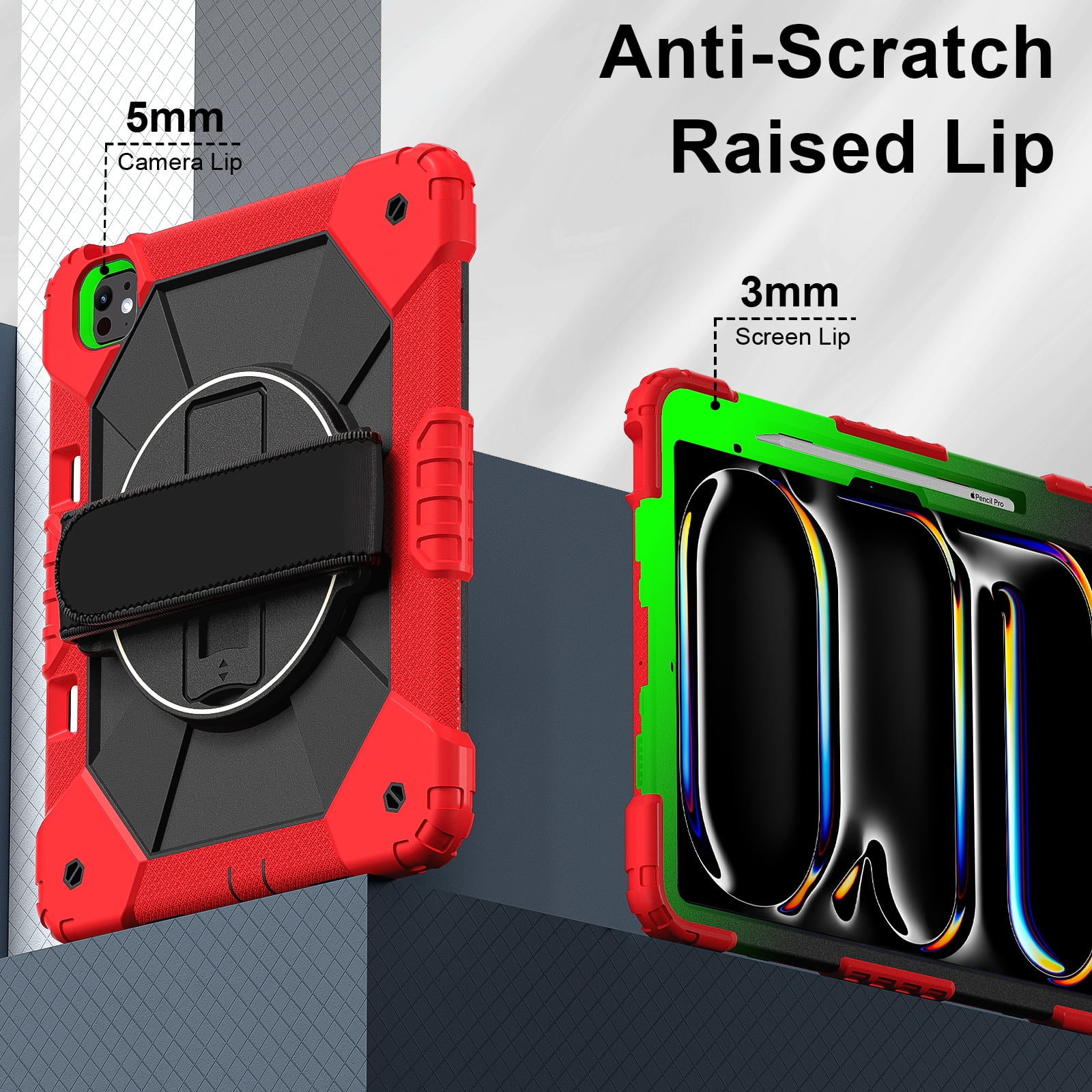 Allytechgroup iPad Pro 13 Inch 2024 Case Cover with Pencil Holder, Rugged Protection with Kickstand & Hand Strap Heavy Duty Shockproof Kids Friendly Case for Apple iPad Pro 13 M4 2024, Red