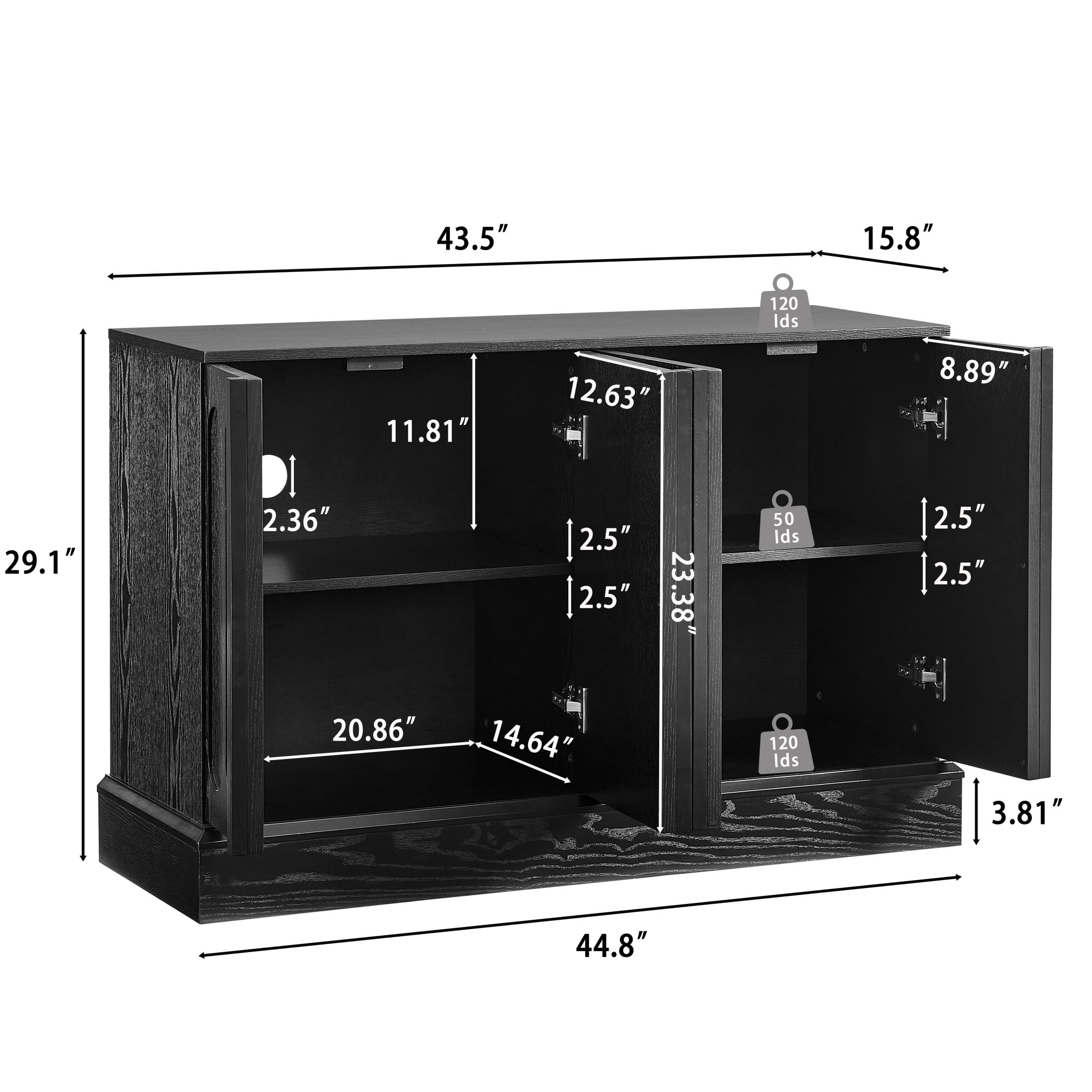 GDF Studio 44.8" Mid Century Modern Fluted Sideboard Cabinet with Adjustable Shelves, Black