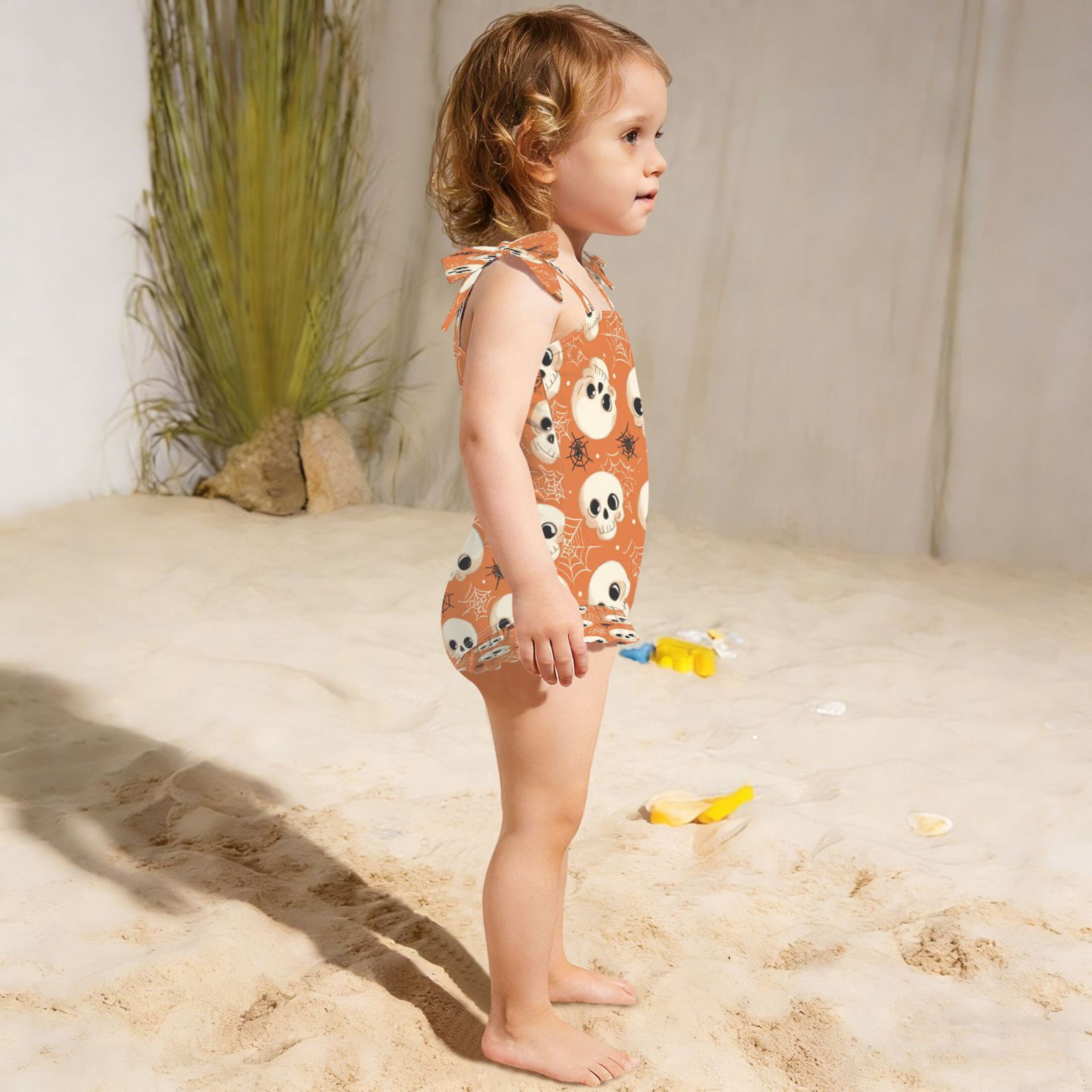 Toddler Girls One Piece Swimsuit, Tie Shoulder Ruffle Bathing Suit, Quick Dry Kids Swimwear for Summer Beach Adorable Skulls and Spider Webs