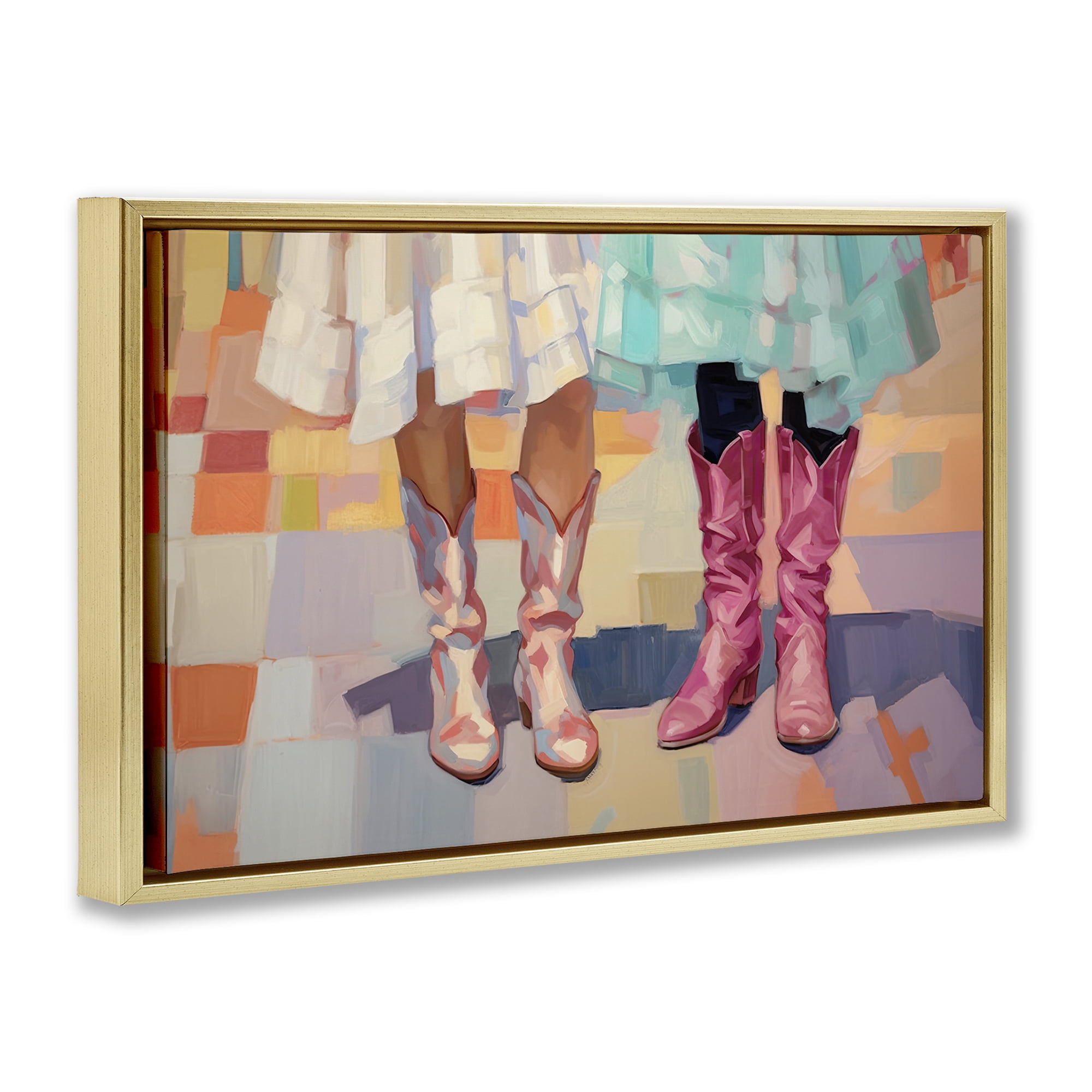 Stupell Industries Girls in Cowboy Boots People Painting Gold Floater Framed Canvas Art Print Wall Art, 25 x 17