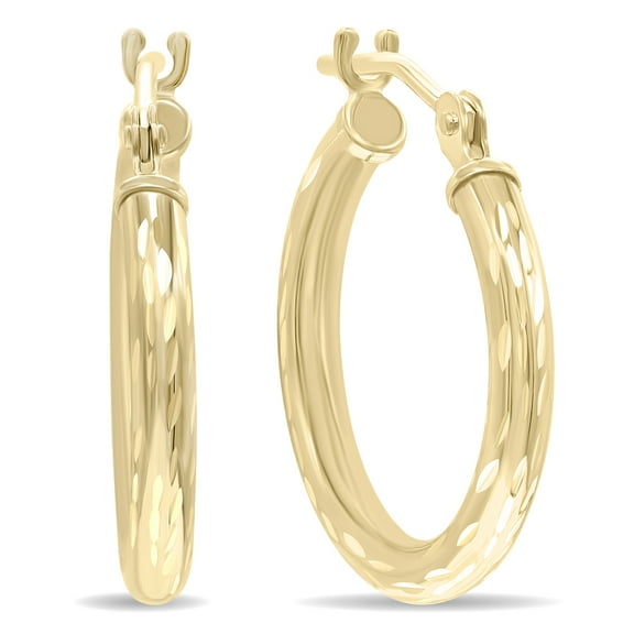 SZUL Women's 10K Yellow Gold Shiny Diamond Cut Engraved Hoop Earrings (16mm)