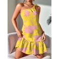 thumbnail image 6 of Women'S One Shoulder Leaf Print Self-Tie Short Dress Sleeveless Tiered Hem Formal Dress Yellow L, 6 of 9