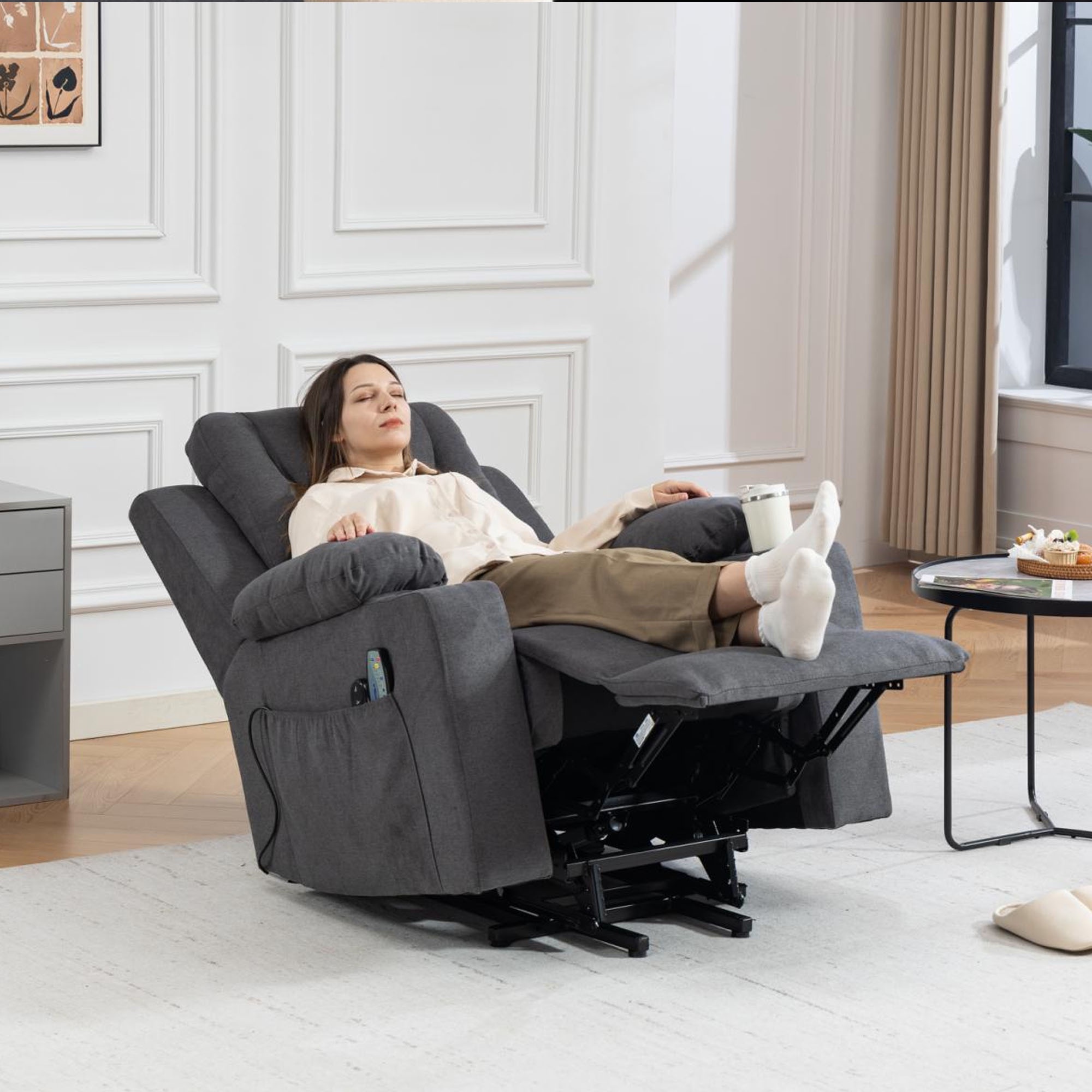 HSUNNS Power Lift Recliner Chair for Elderly, Oversized Lift Chair with Heat & Massage, 350 lb Capacity Electric Recliner with 160° Infinite Position, Side Pocket for Living Room, Grey