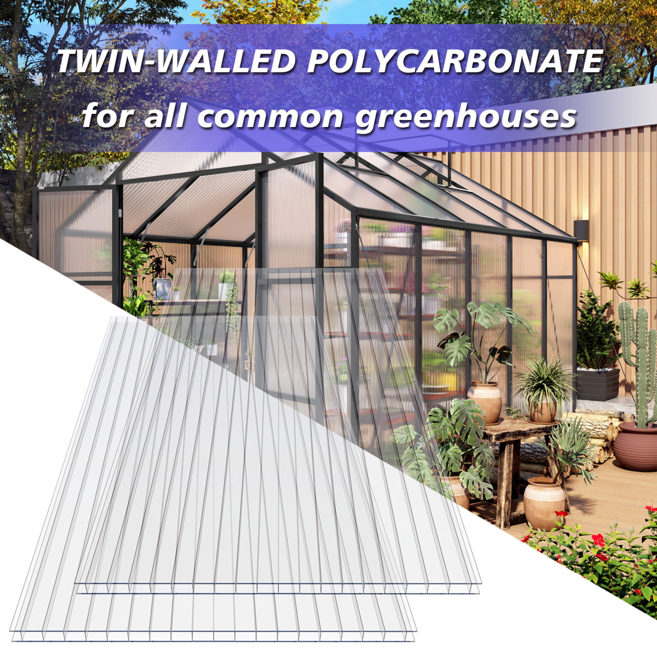 Noble House 6 Pack Twin-Wall Polycarbonate Greenhouse Panels, 5 ft x 2 ft UV-Protected Sheets, Transparent
