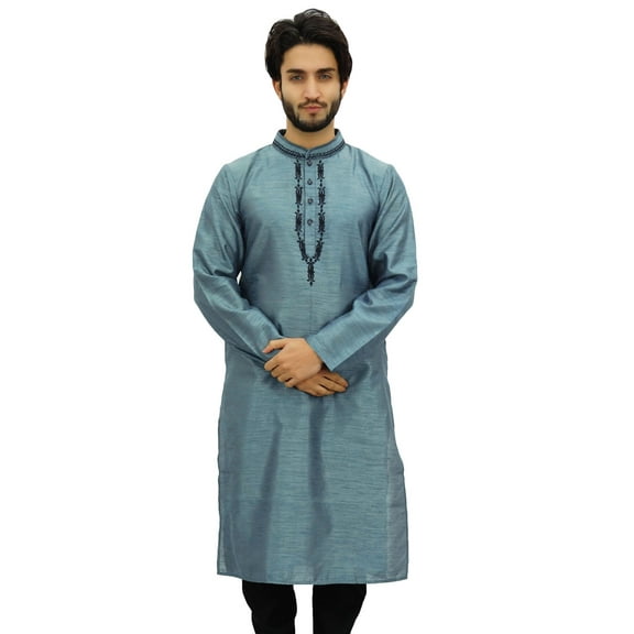 Atasi Part Wear Men's Long Dupion Band Collar Gray Shirt Tunic-Small