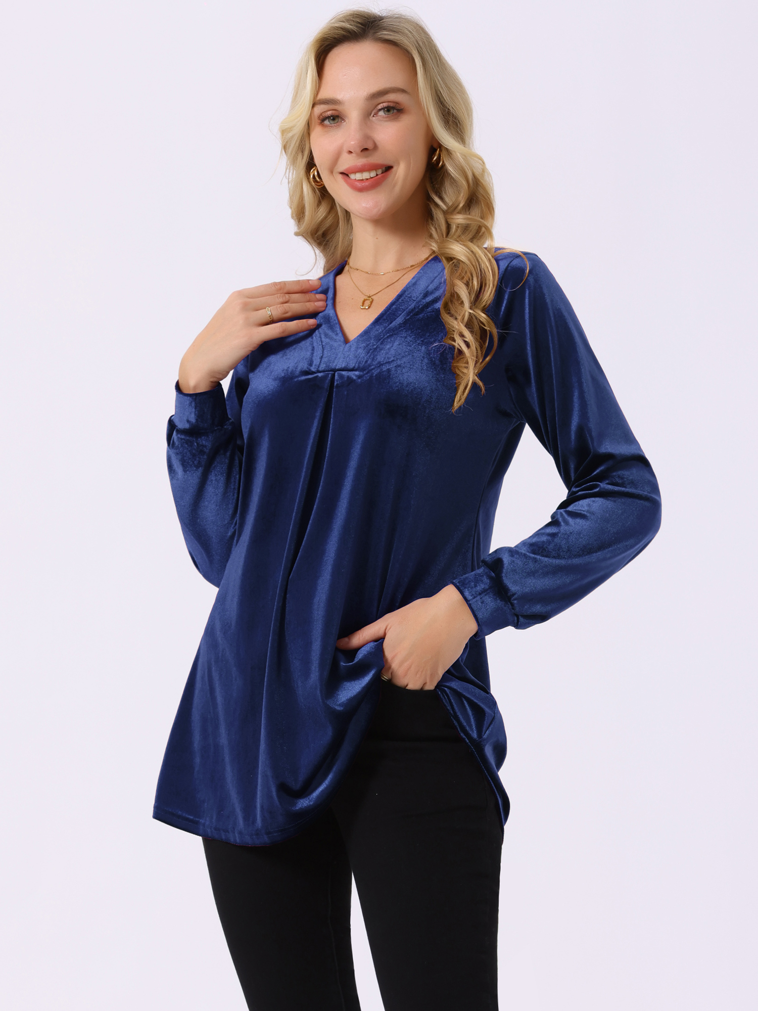 DARING DIVA Women's Velvet Top V Neck Long Sleeves Loose Blouse L Dark Blue