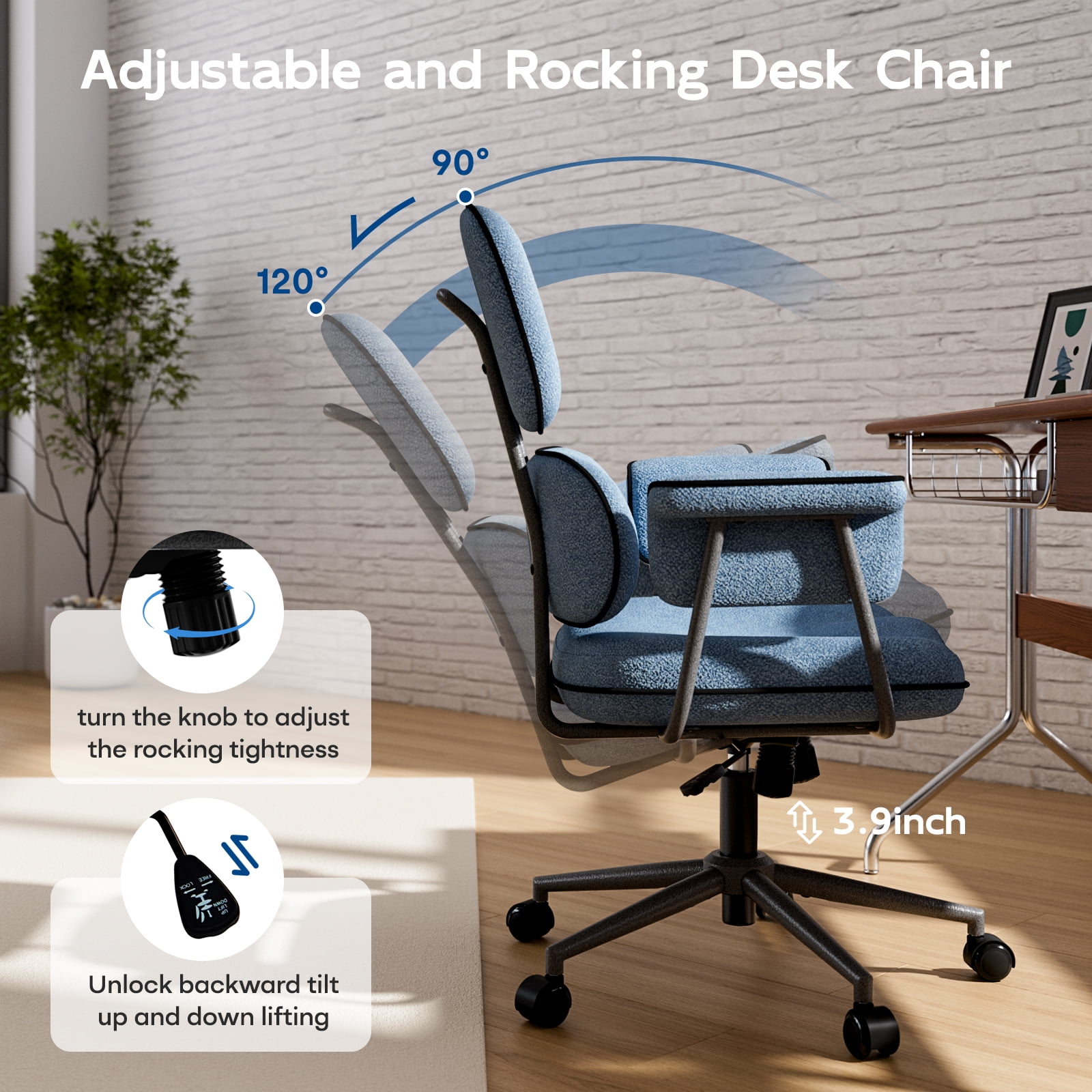 HomeZeer Executive Mid Century Modern Office Chair, Blue Linen Fabric with Memory Foam Wide Seat, Split Back, Padded Arms & Adjustable Height, Vintage Desk Chair for Home Office, Wheels Included